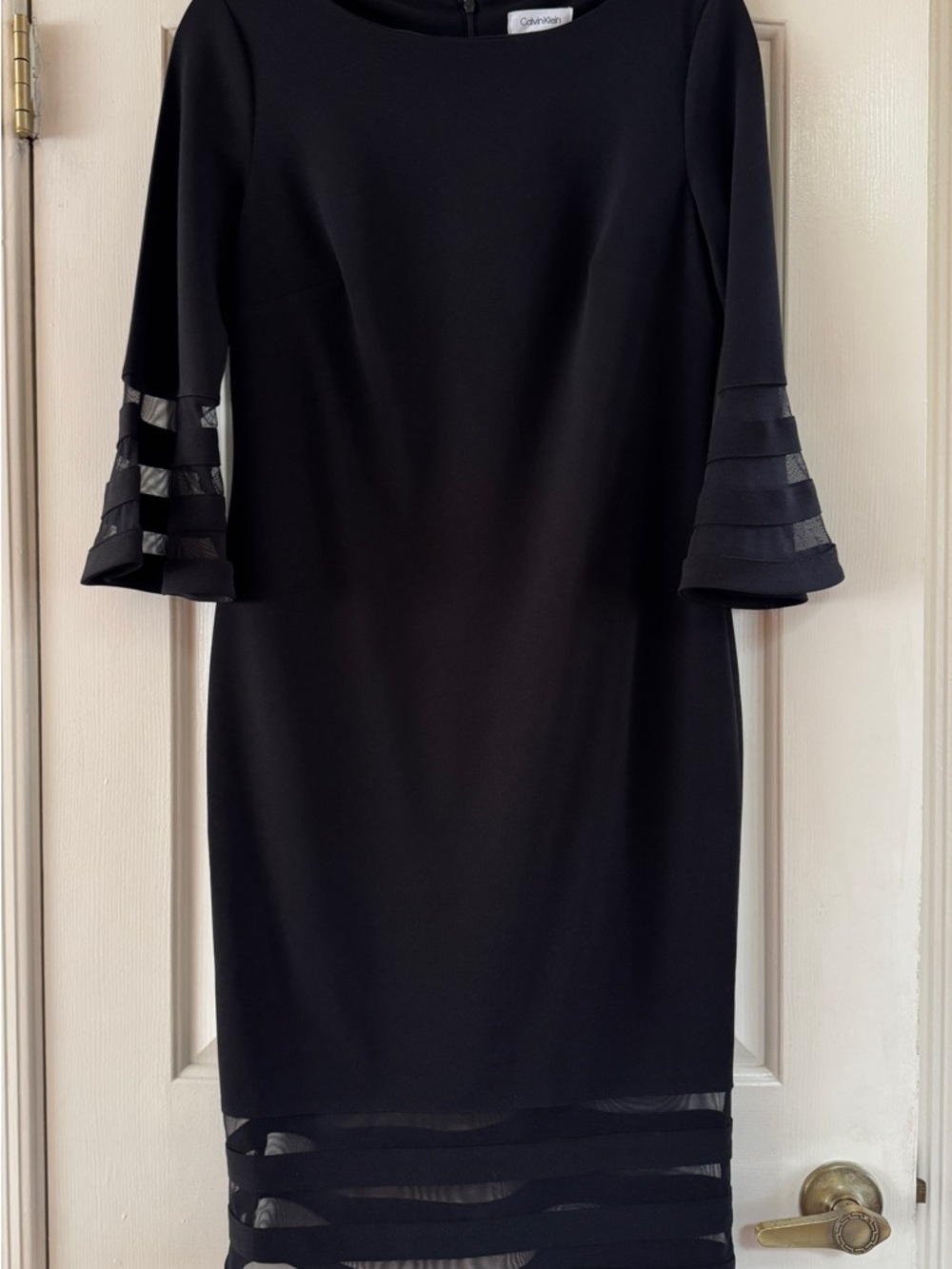 Calvin Klein Black Midi Dress with Sheer Stripe Panels and Bell Sleeves - Picture 4 of 11